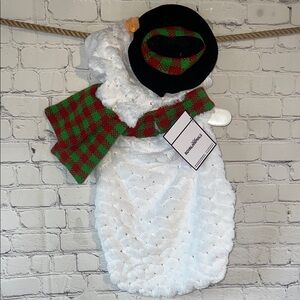 SNOWMAN Royal Animals White Furry Dog costume with Red and Green Accessories.